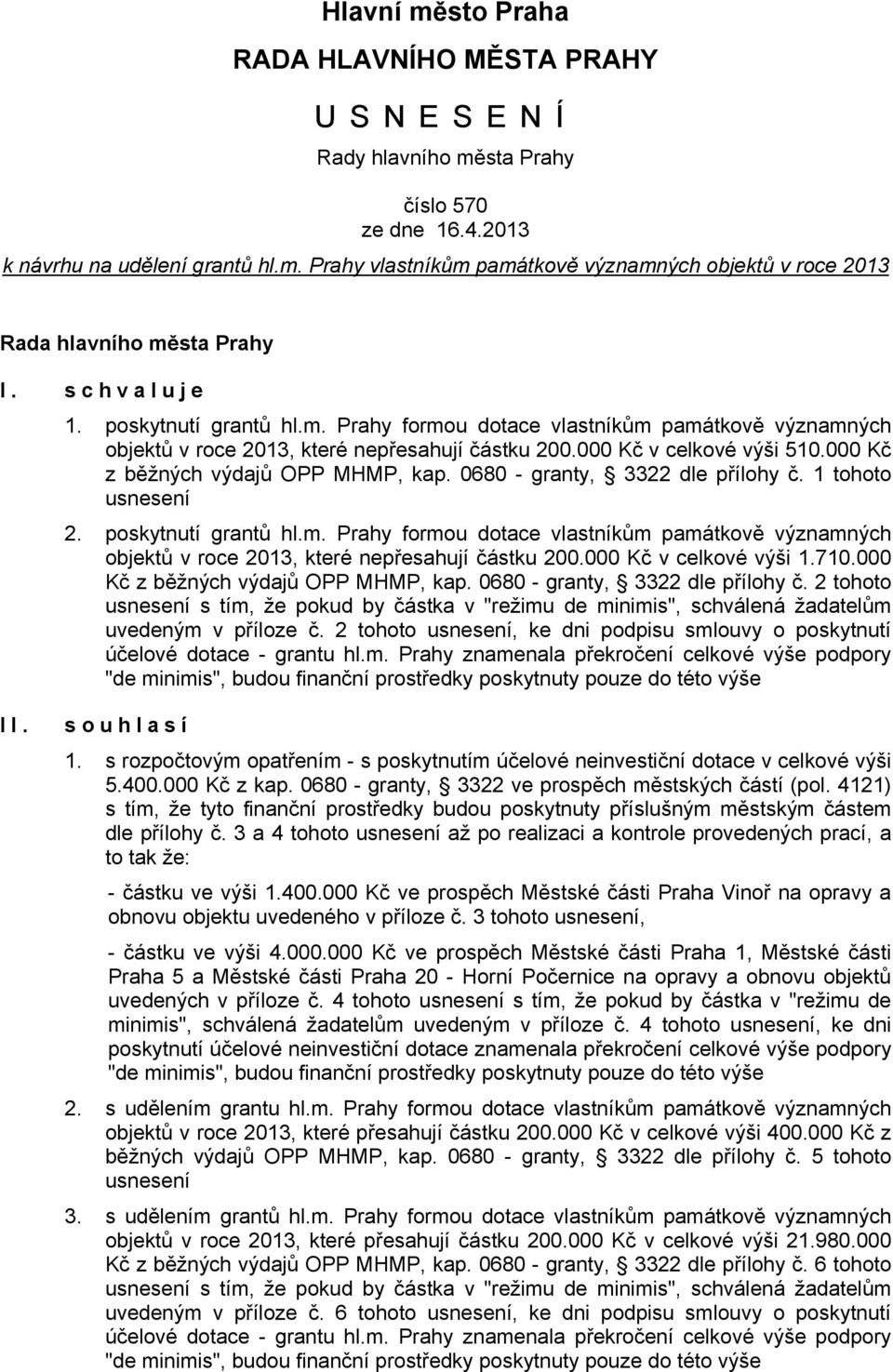 000 Kč z běžných výdajů OPP MHMP, kap. 0680 - granty, 3322 dle přílohy č. 1 tohoto usnesení 2. poskytnutí grantů hl.m.