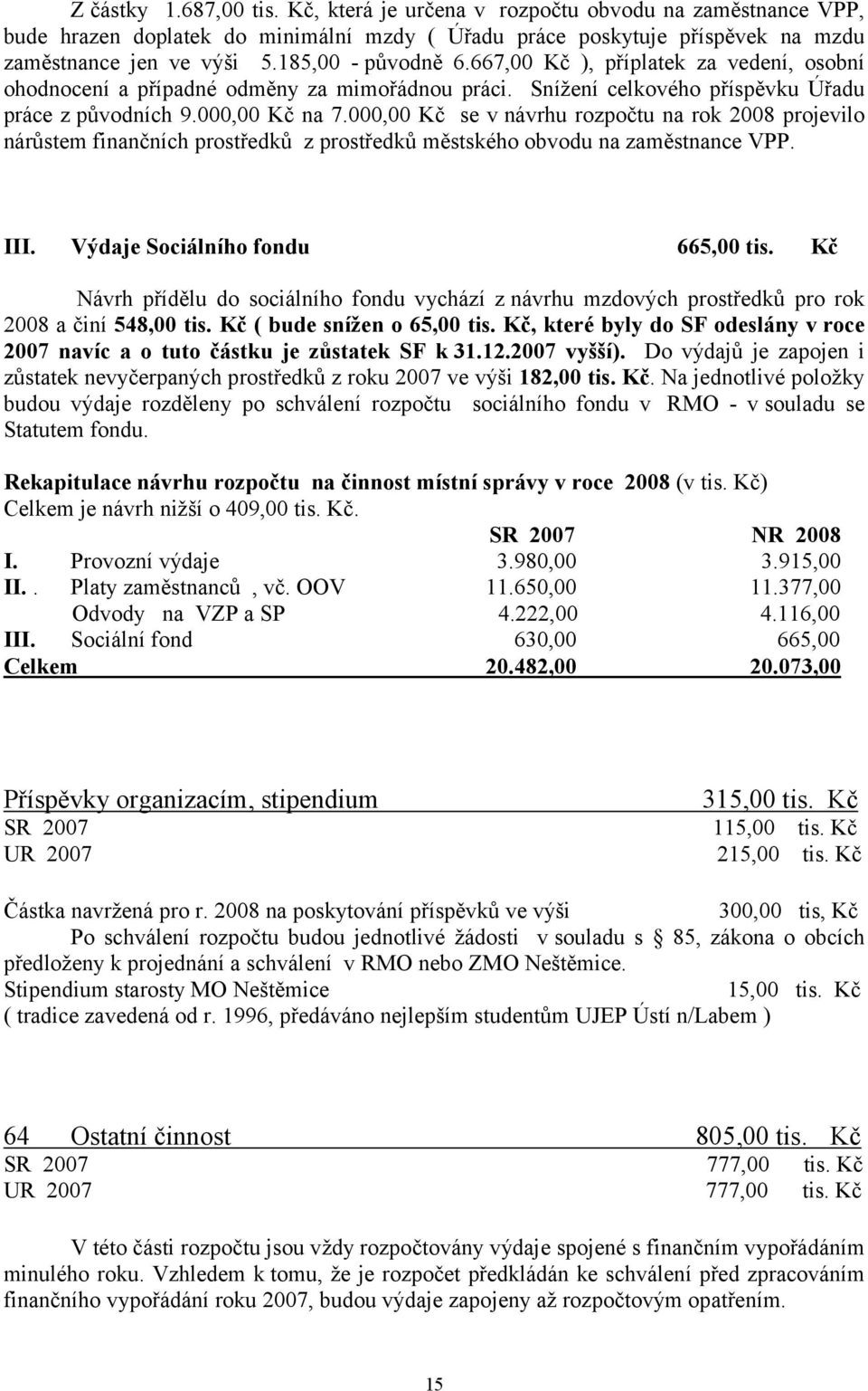 000,00 Kč se v návrhu rozpočtu na rok 2008 projevilo nárůstem finančních prostředků z prostředků městského obvodu na zaměstnance VPP. III. Výdaje Sociálního fondu 665,00 tis.