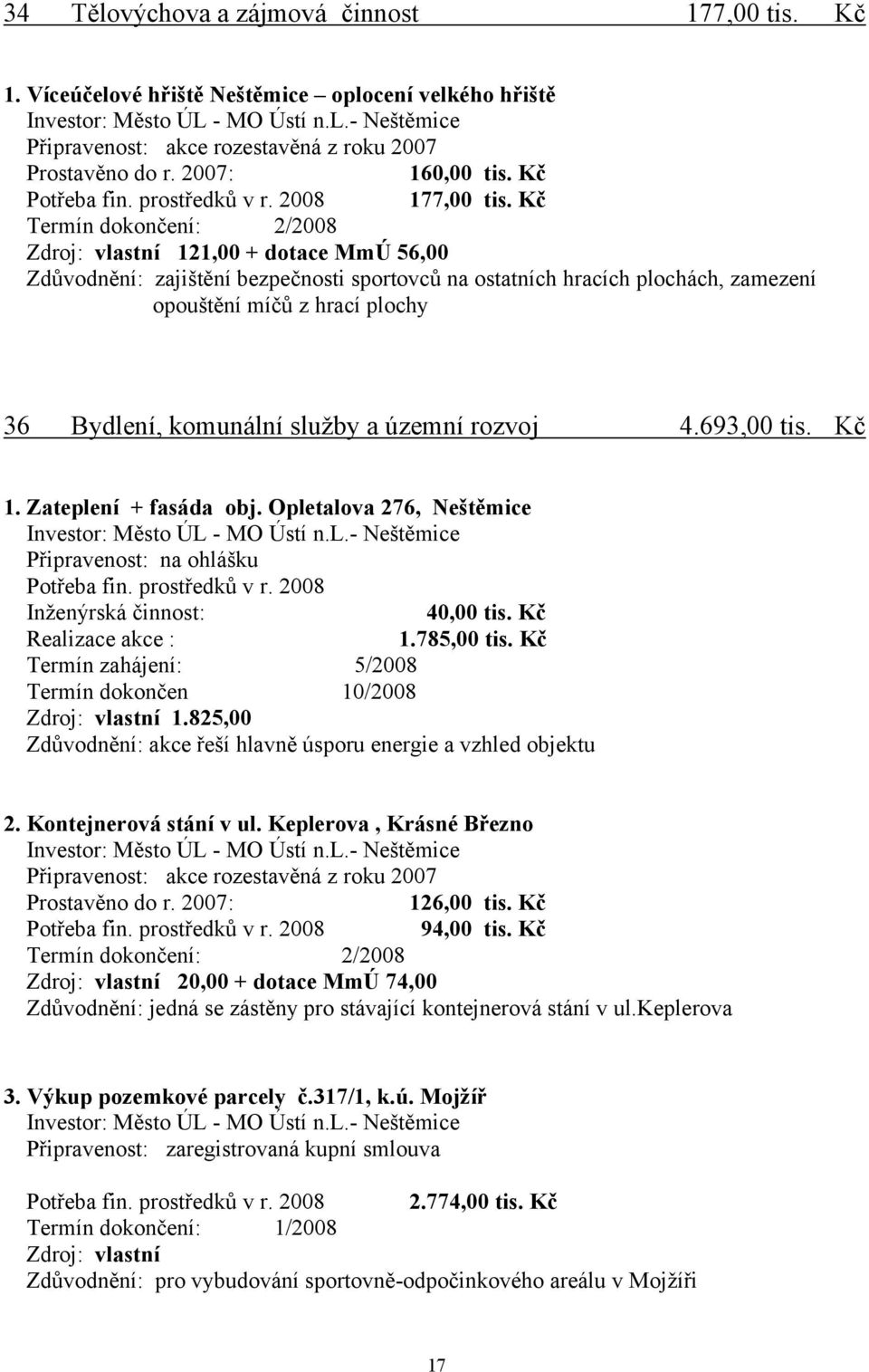 Kč Termín dokončení: 2/2008 Zdroj: vlastní 121,00 + dotace MmÚ 56,00 Zdůvodnění: zajištění bezpečnosti sportovců na ostatních hracích plochách, zamezení opouštění míčů z hrací plochy 36 Bydlení,