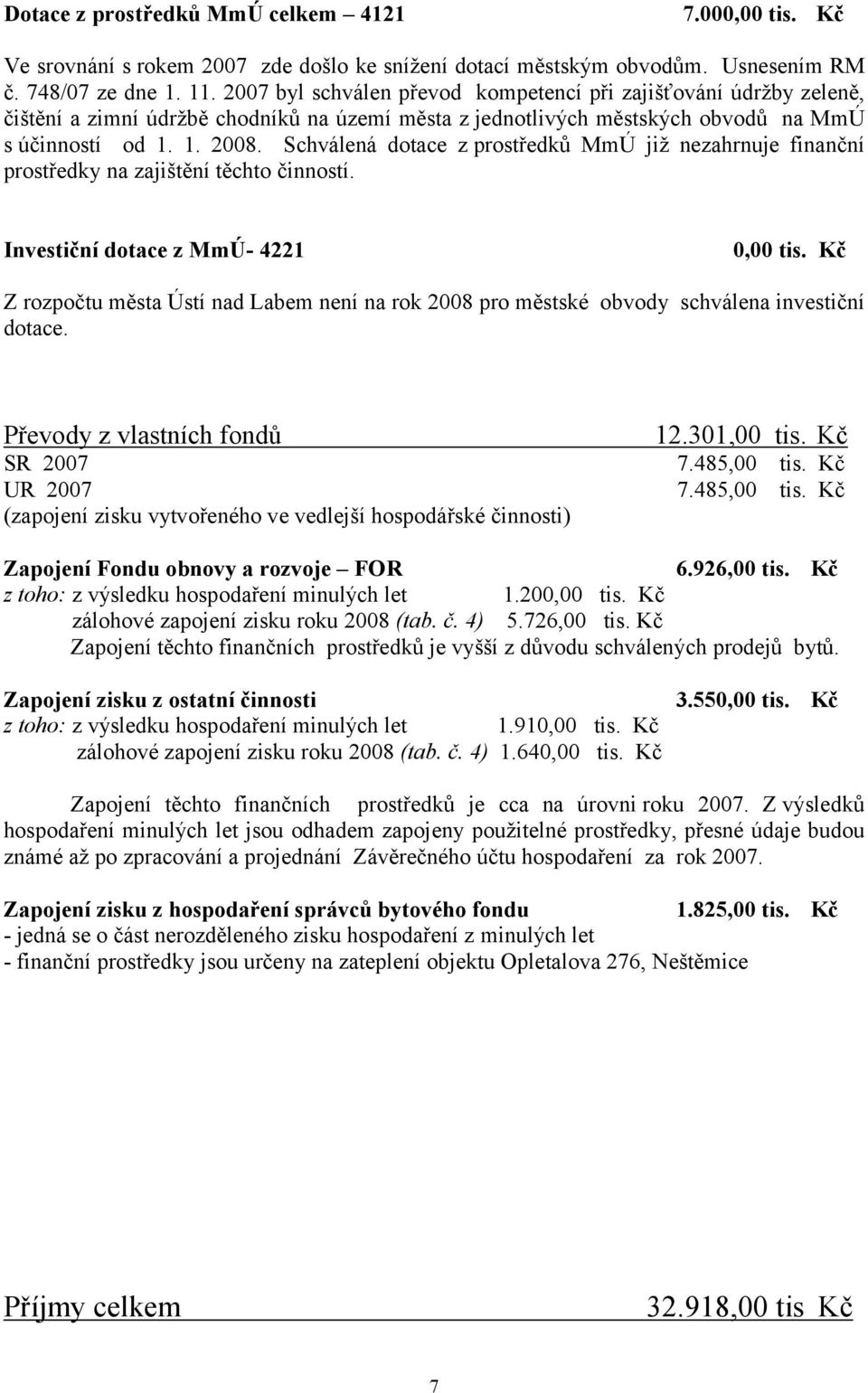 Schválená dotace z prostředků MmÚ již nezahrnuje finanční prostředky na zajištění těchto činností. Investiční dotace z MmÚ- 4221 0,00 tis.