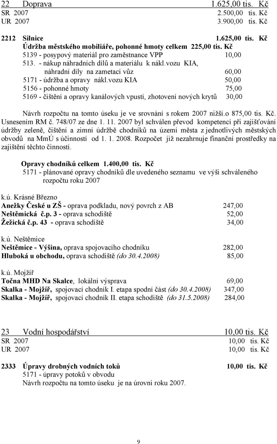 vozu KIA 50,00 5156 - pohonné hmoty 75,00 5169 - čištění a opravy kanálových vpustí, zhotovení nových krytů 30,00 Návrh rozpočtu na tomto úseku je ve srovnání s rokem 2007 nižší.o 875,00 tis. Kč.