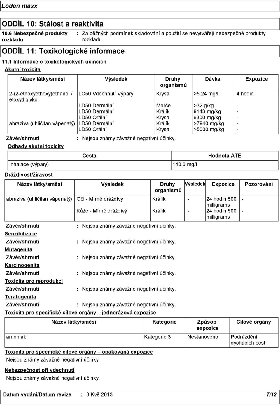 Název látky/směsi Výsledek Druhy organismů Dávka 2(2ethoxyethoxy)ethanol / LC50 Vdechnutí Výpary Krysa >5.