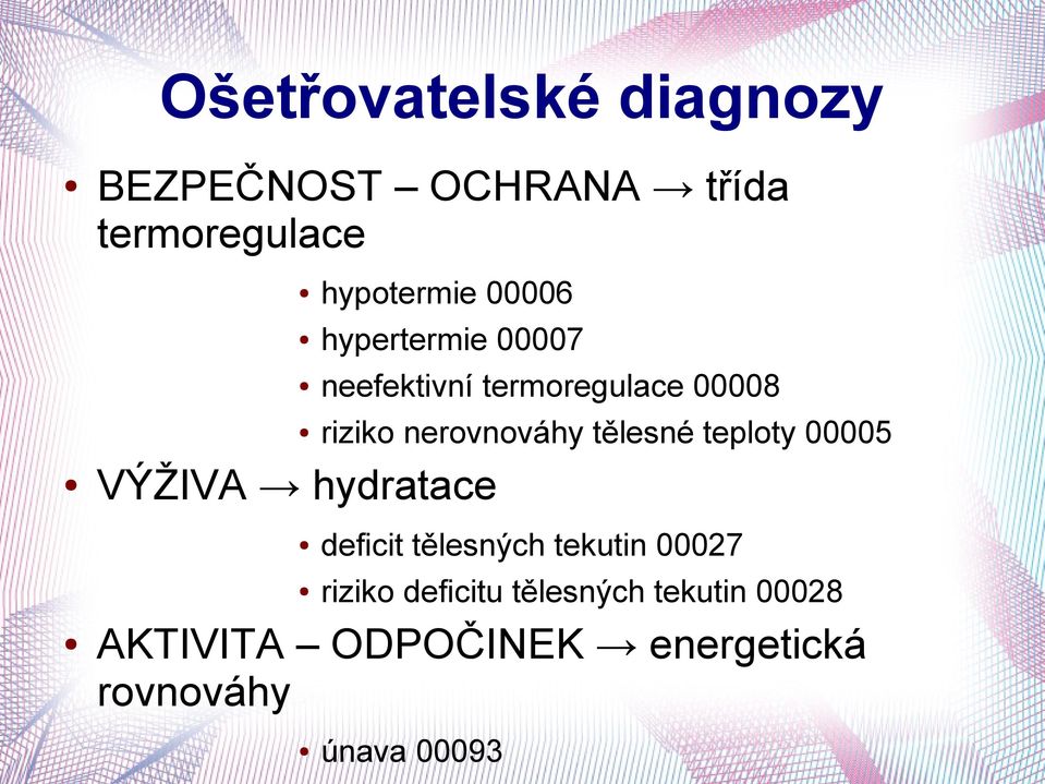 riziko nerovnováhy tělesné teploty 00005 deficit tělesných tekutin 00027