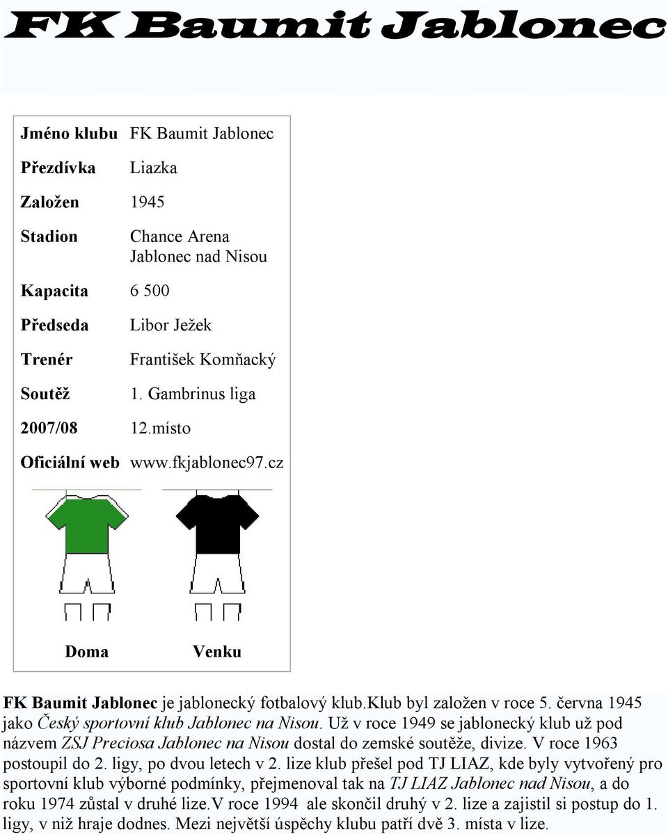 června 1945 jako Český sportovní klub Jablonec na Nisou. Už v roce 1949 se jablonecký klub už pod názvem ZSJ Preciosa Jablonec na Nisou dostal do zemské soutěže, divize. V roce 1963 postoupil do 2.