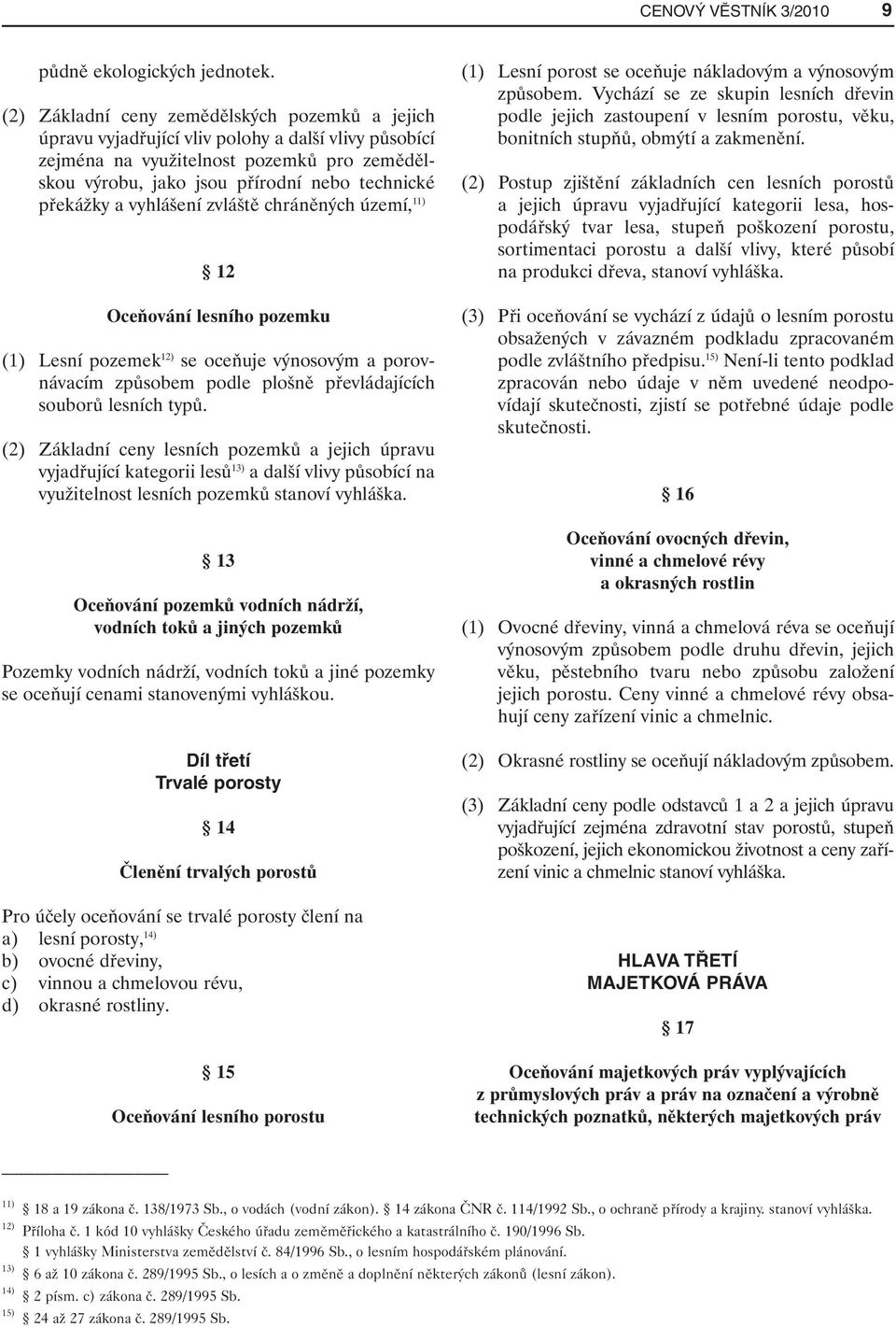 překážky a vyhlášení zvláště chráněných území, 11) 12 Oceňování lesního pozemku (1) Lesní pozemek 12) se oceňuje výnosovým a porovnávacím způsobem podle plošně převládajících souborů lesních typů.