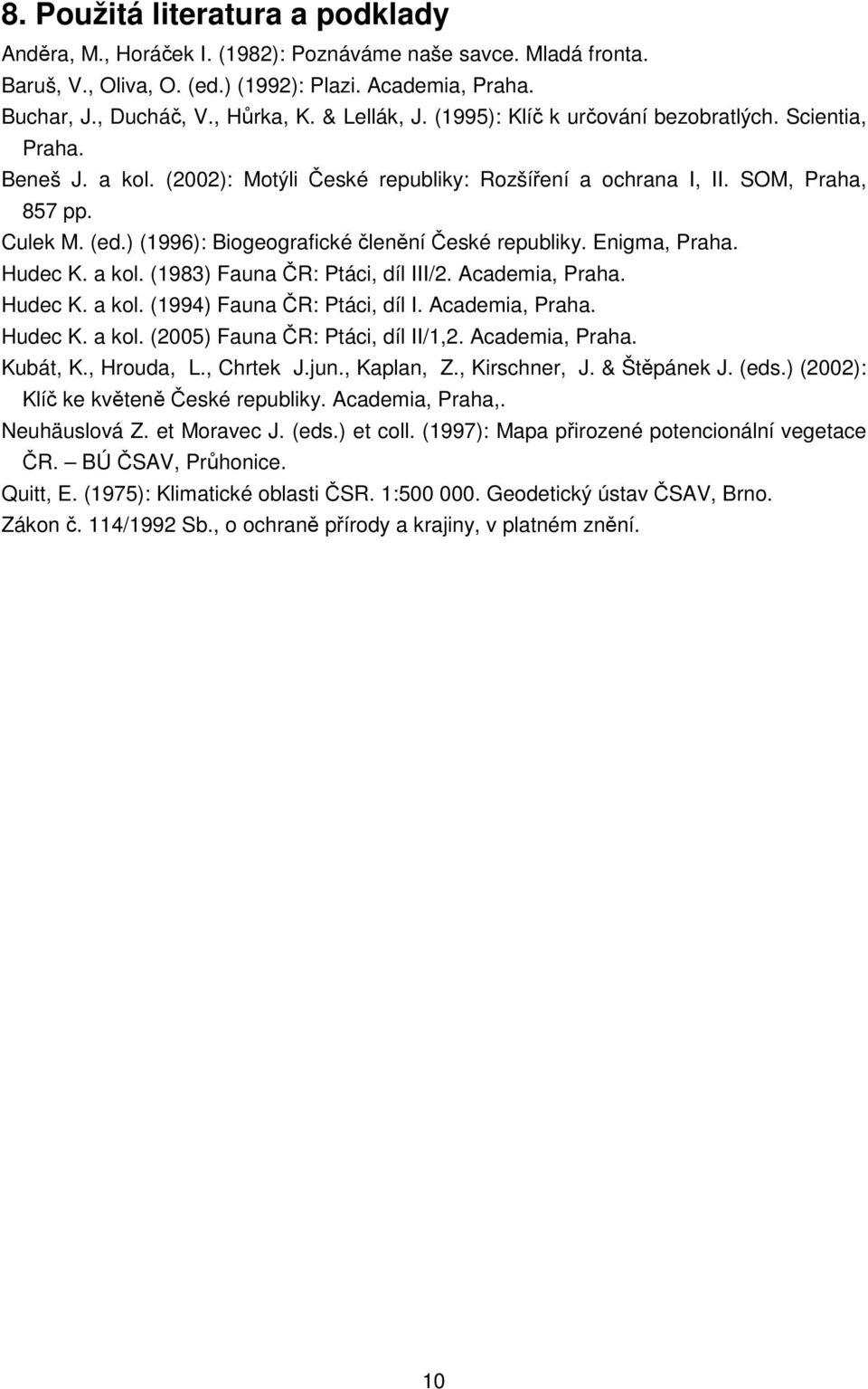 ) (1996): Biogeografické členění České republiky. Enigma, Praha. Hudec K. a kol. (1983) Fauna ČR: Ptáci, díl III/2. Academia, Praha. Hudec K. a kol. (1994) Fauna ČR: Ptáci, díl I. Academia, Praha. Hudec K. a kol. (2005) Fauna ČR: Ptáci, díl II/1,2.