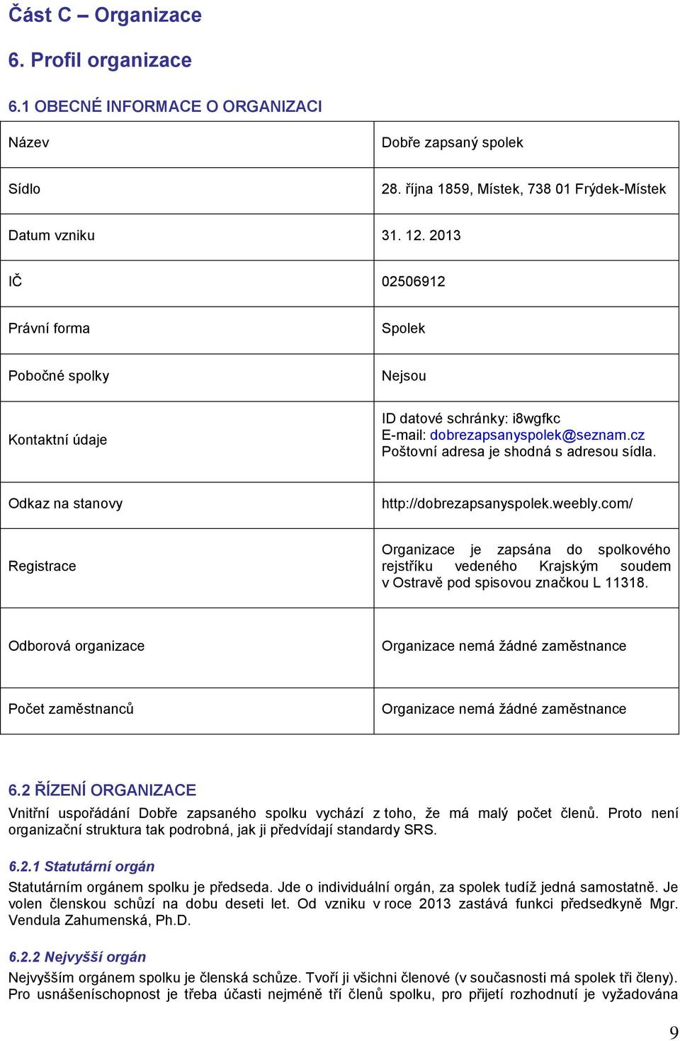 Odkaz na stanovy http://dobrezapsanyspolek.weebly.com/ Registrace Organizace je zapsána do spolkového rejstříku vedeného Krajským soudem v Ostravě pod spisovou značkou L 11318.