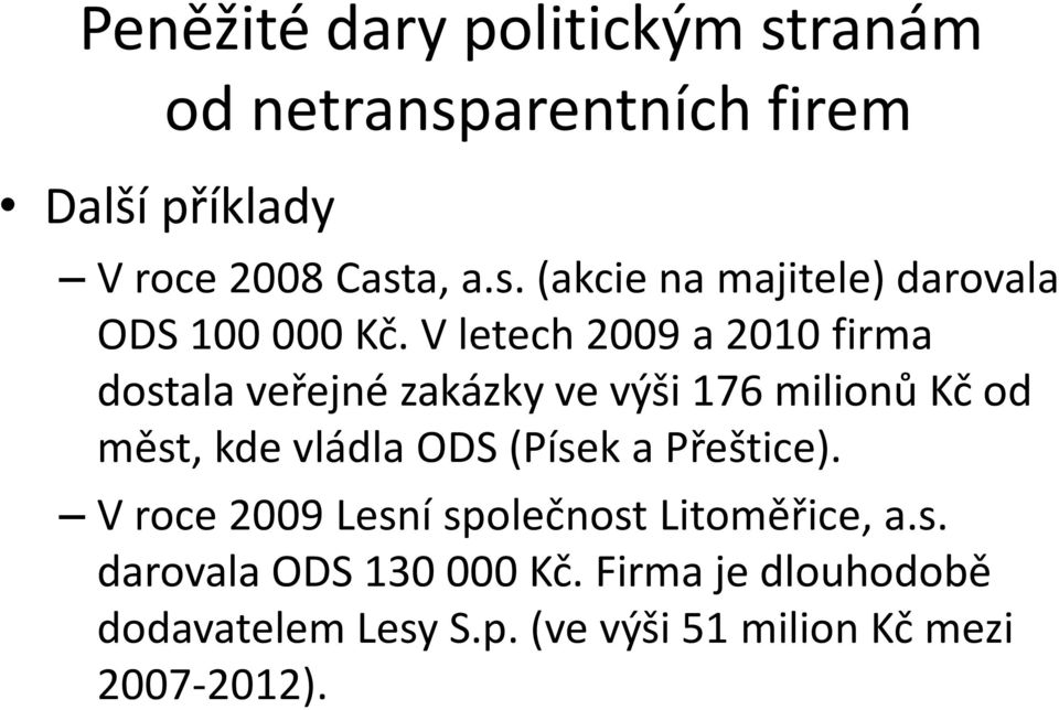 (Písek a Přeštice). V roce 2009 Lesní společnost Litoměřice, a.s. darovala ODS 130 000 Kč.