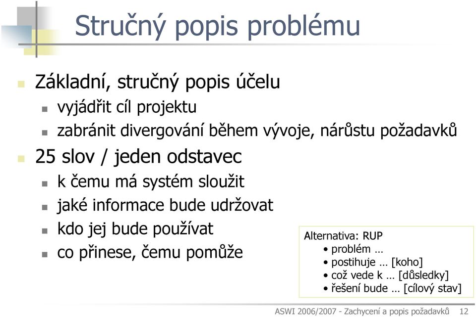 bude udržovat kdo jej bude používat co přinese, čemu pomůže Alternativa: RUP problém postihuje