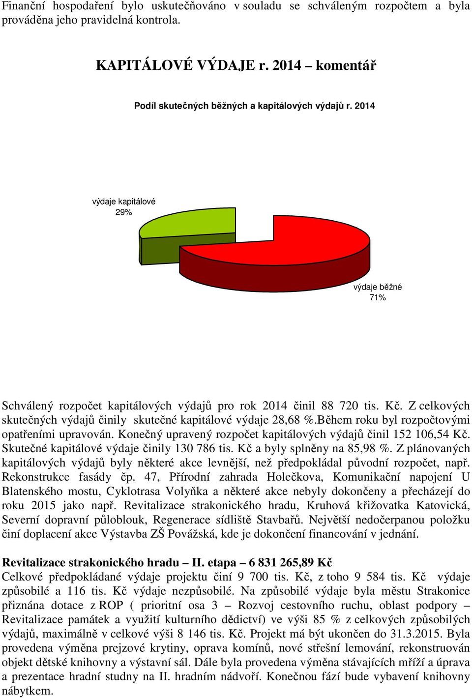 Z celkových skutečných výdajů činily skutečné kapitálové výdaje 28,68 %.Během roku byl rozpočtovými opatřeními upravován. Konečný upravený rozpočet kapitálových výdajů činil 152 106,54 Kč.