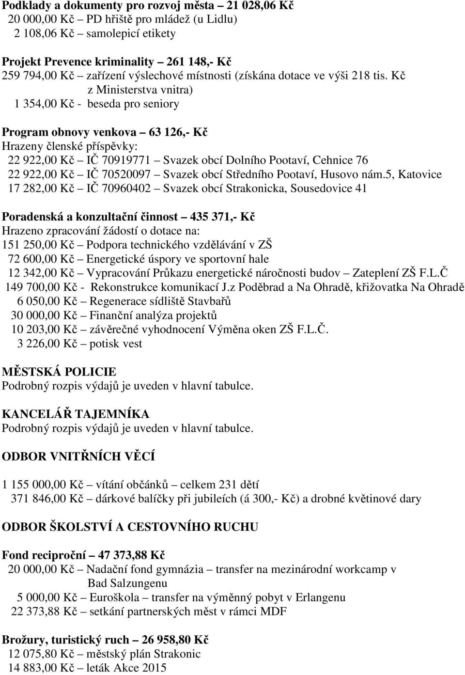 Kč z Ministerstva vnitra) 1 354,00 Kč - beseda pro seniory Program obnovy venkova 63 126,- Kč Hrazeny členské příspěvky: 22 922,00 Kč IČ 70919771 Svazek obcí Dolního Pootaví, Cehnice 76 22 922,00 Kč