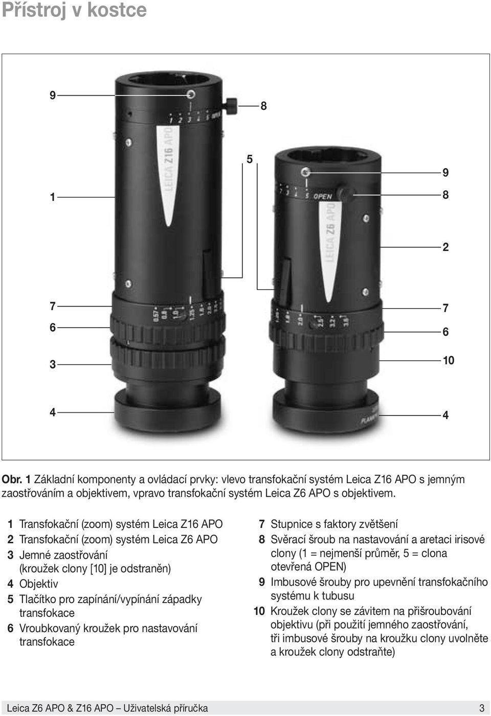 1 Transfokační (zoom) systém Leica Z16 APO 2 Transfokační (zoom) systém Leica Z6 APO 3 Jemné zaostřování (kroužek clony [10] je odstraněn) 4 Objektiv 5 Tlačítko pro zapínání/vypínání západky