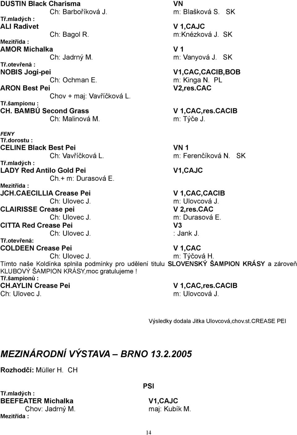 dorostu : CELINE Black Best Pei VN 1 Ch: Vavříčková L. m: Ferenčíková N. SK Tř.mladých : LADY Red Antilo Gold Pei V1,CAJC Ch.+ m: Durasová E. Mezitřída : JCH.