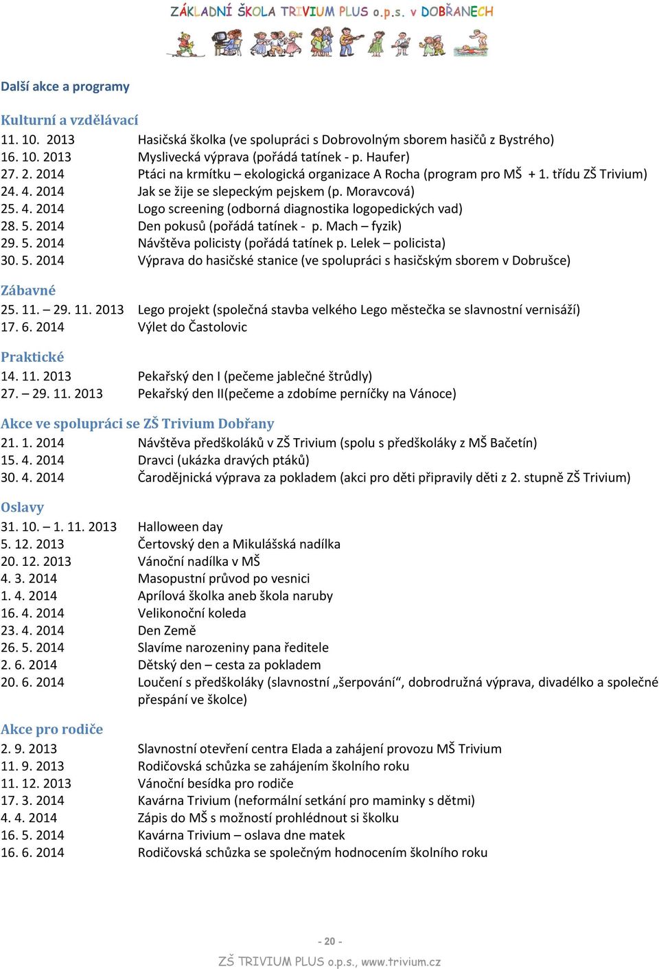 Mach fyzik) 29. 5. 2014 Návštěva policisty (pořádá tatínek p. Lelek policista) 30. 5. 2014 Výprava do hasičské stanice (ve spolupráci s hasičským sborem v Dobrušce) Zábavné 25. 11.