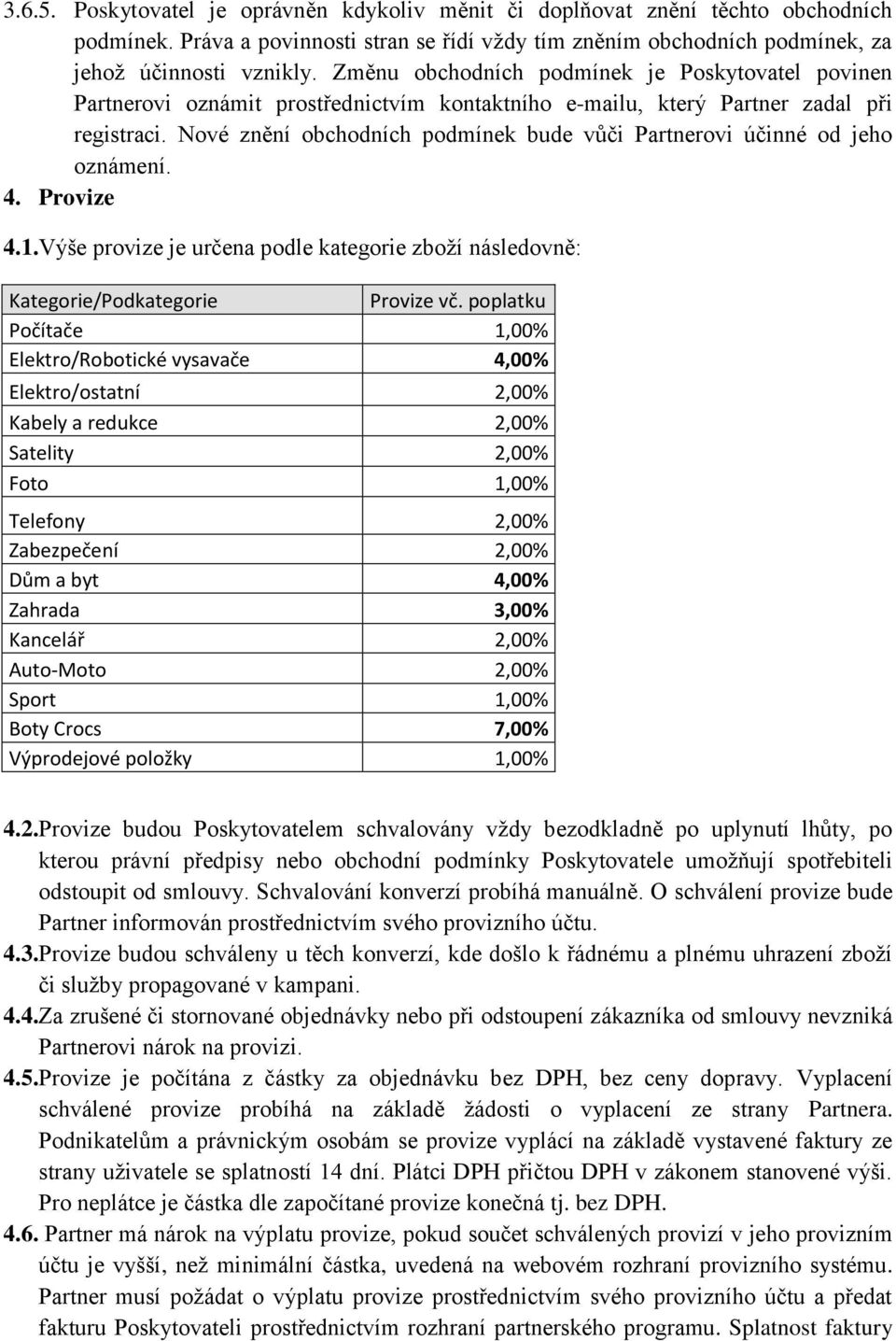 Nové znění obchodních podmínek bude vůči Partnerovi účinné od jeho oznámení. 4. Provize 4.1.Výše provize je určena podle kategorie zboží následovně: Kategorie/Podkategorie Provize vč.