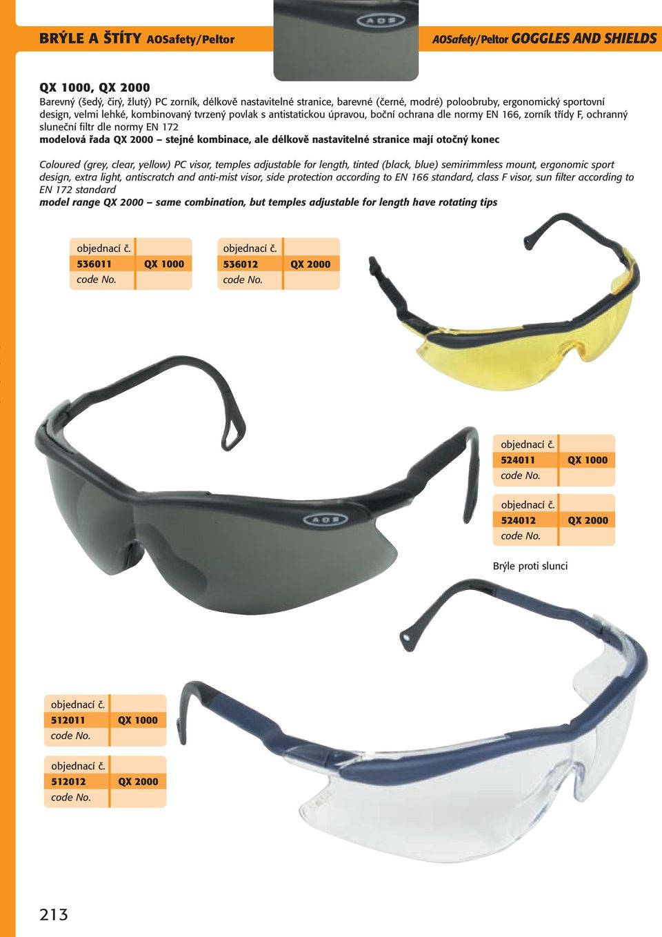 stejné kombinace, ale délkově nastavitelné stranice mají otočný konec Coloured (grey, clear, yellow) PC visor, temples adjustable for length, tinted (black, blue) semirimmless mount, ergonomic sport