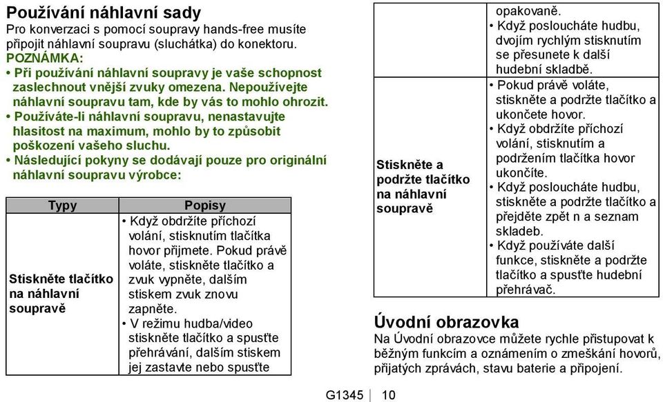 Používáte-li náhlavní soupravu, nenastavujte hlasitost na maximum, mohlo by to způsobit poškození vašeho sluchu.