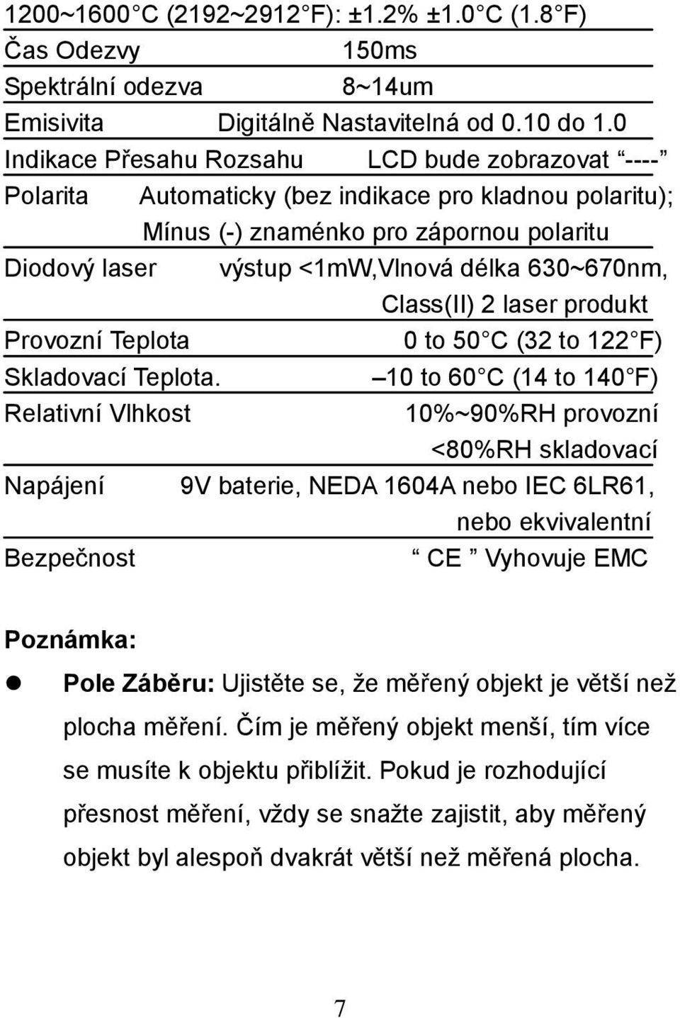 630~670nm, Class(Ⅱ) 2 laser produkt Provozní Teplota 0 to 50 C (32 to 122 F) Skladovací Teplota.