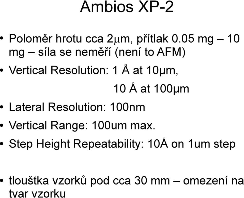 μm, Å at 0μm Lateral Resolution: 0nm Vertical Range: 0um max.