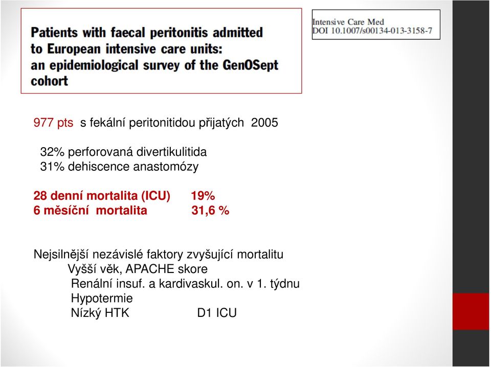 měsíční mortalita 31,6 % Nejsilnější nezávislé faktory zvyšující mortalitu