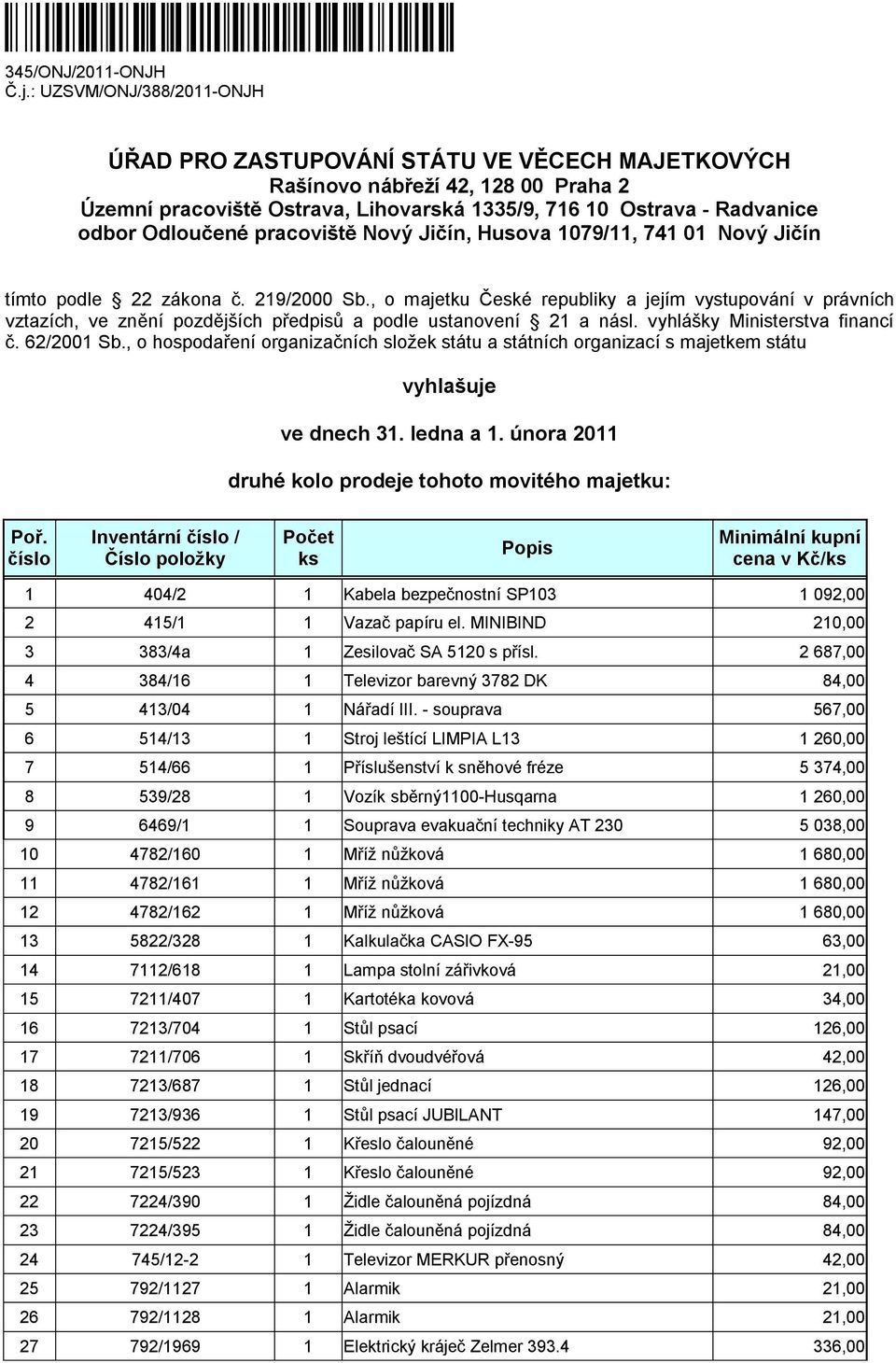 pracoviště Nový Jičín, Husova 1079/11, 741 01 Nový Jičín tímto podle 22 zákona č. 219/2000 Sb.