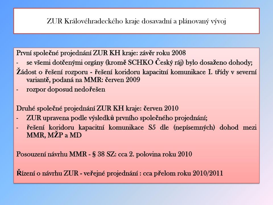 třídy v severní variantě, podaná na MMR: červen 2009 - rozpor doposud nedořešen Druhé společné projednání ZUR KH kraje: červen 2010 - ZUR upravena podle