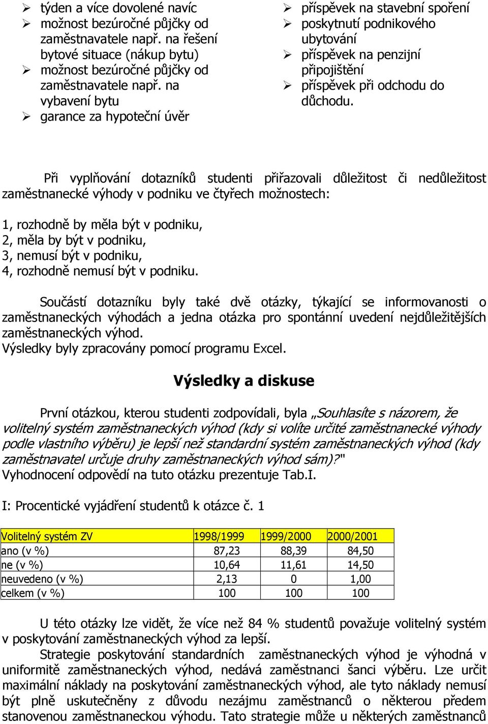 Při vyplňování dotazníků studenti přiřazovali důležitost či nedůležitost zaměstnanecké výhody v podniku ve čtyřech možnostech: 1, rozhodně by měla být v podniku, 2, měla by být v podniku, 3, nemusí