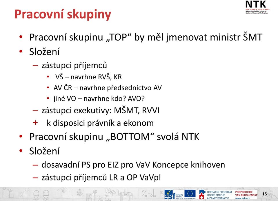 zástupci exekutivy: MŠMT, RVVI + k disposici právník a ekonom Pracovní skupinu BOTTOM