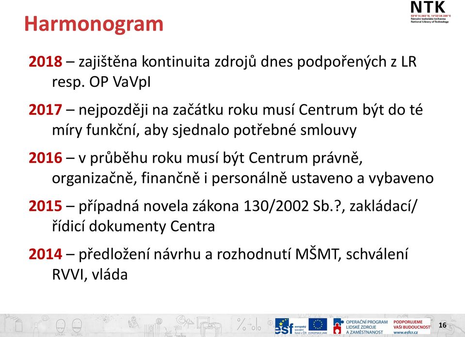 smlouvy 2016 v průběhu roku musí být Centrum právně, organizačně, finančně i personálně ustaveno a