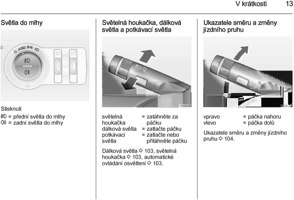 zatáhněte za páčku = zatlačte páčku = zatlačte nebo přitáhněte páčku Dálková světla 3 103, světelná houkačka 3 103,