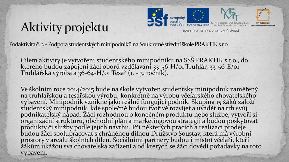 Minipodnik vznikne jako reálně fungující podnik. Skupina 15 žáků založí studentský minipodnik, kde společně budou tvořivě rozvíjet a uvádět na trh svůj podnikatelský nápad.