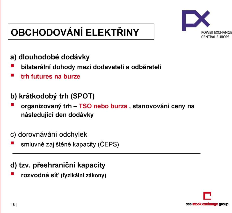 burza, stanovování ceny na následující den dodávky c) dorovnávání odchylek smluvně