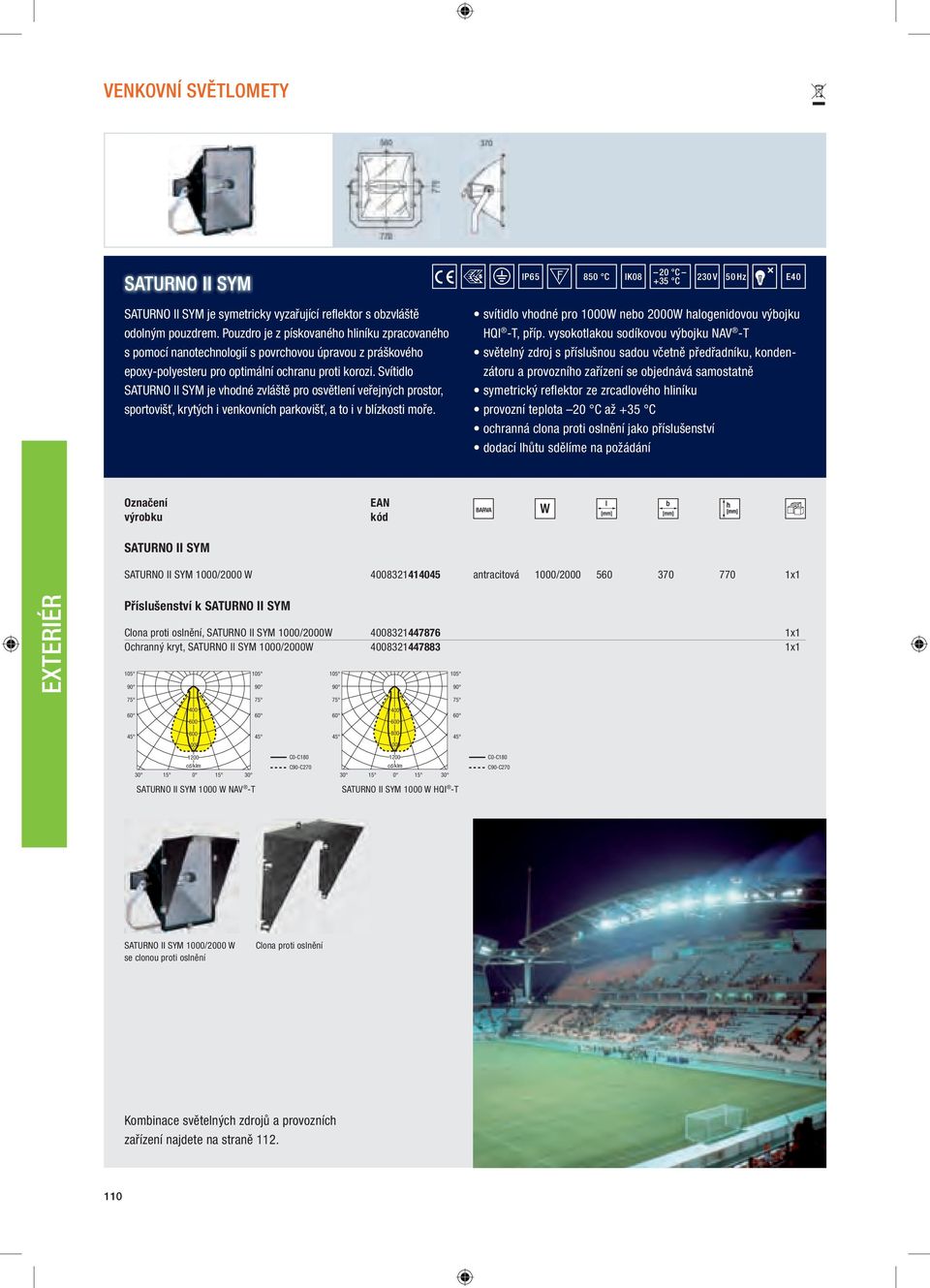 Svítidlo SATURNO II SYM je vhodné zvláště pro osvětlení veřejných prostor, sportovišť, krytých i venkovních parkovišť, a to i v blízkosti moře.