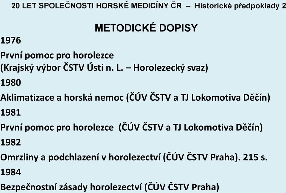 Horolezecký svaz) 1980 Aklimatizace a horská nemoc (ČÚV ČSTV a TJ Lokomotiva Děčín) 1981 První pomoc