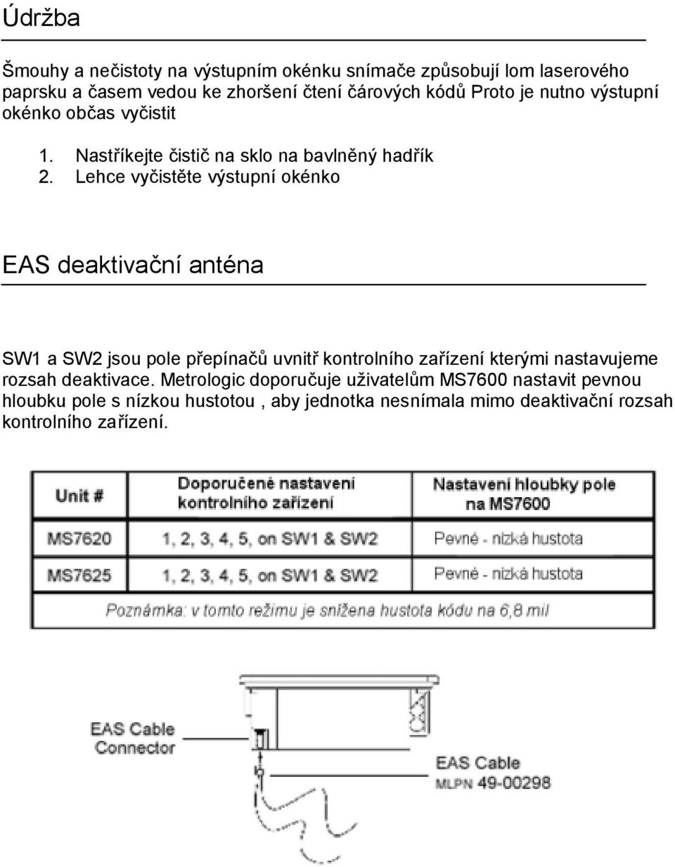 Lehce vyčistěte výstupní okénko EAS deaktivační anténa SW1 a SW2 jsou pole přepínačů uvnitř kontrolního zařízení kterými nastavujeme