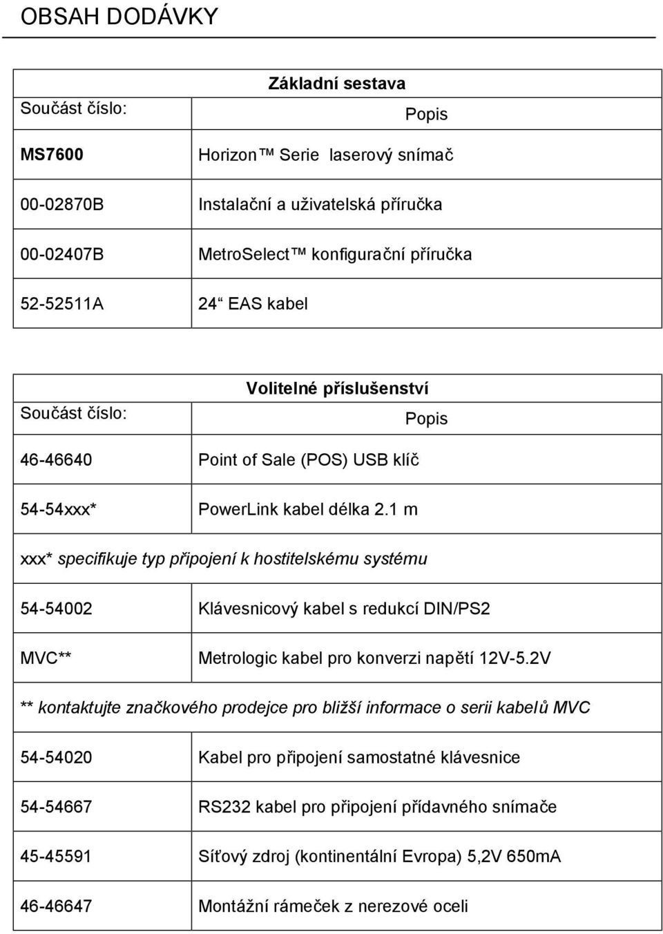 1 m xxx* specifikuje typ připojení k hostitelskému systému 54-54002 Klávesnicový kabel s redukcí DIN/PS2 MVC** Metrologic kabel pro konverzi napětí 12V-5.