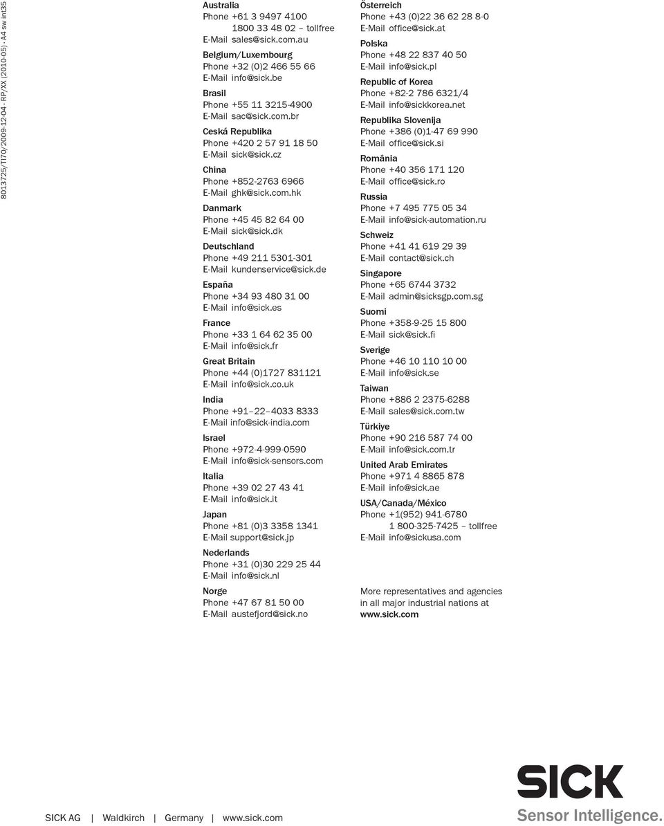 dk Deutschland Phone +49 211 5301-301 E-Mail kundenservice@sick.de España Phone +34 93 480 31 00 E-Mail info@sick.es France Phone +33 1 64 62 35 00 E-Mail info@sick.