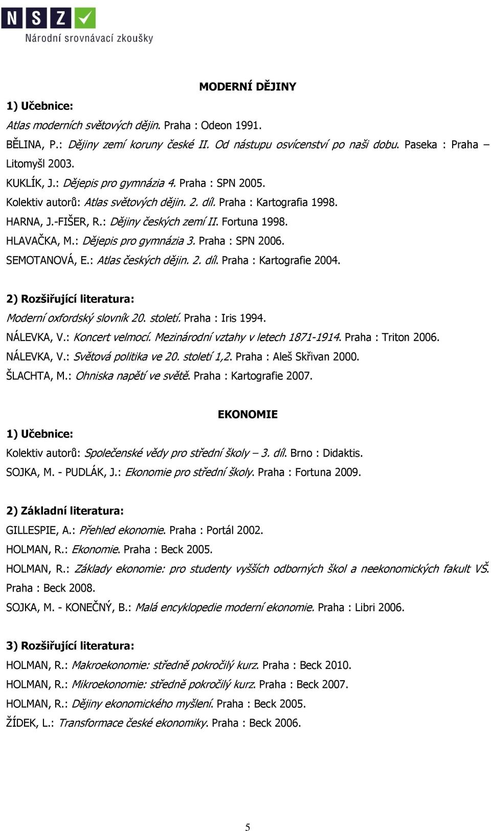 : Dějepis pro gymnázia 3. Praha : SPN 2006. SEMOTANOVÁ, E.: Atlas českých dějin. 2. díl. Praha : Kartografie 2004. 2) Rozšiřující literatura: Moderní oxfordský slovník 20. století. Praha : Iris 1994.