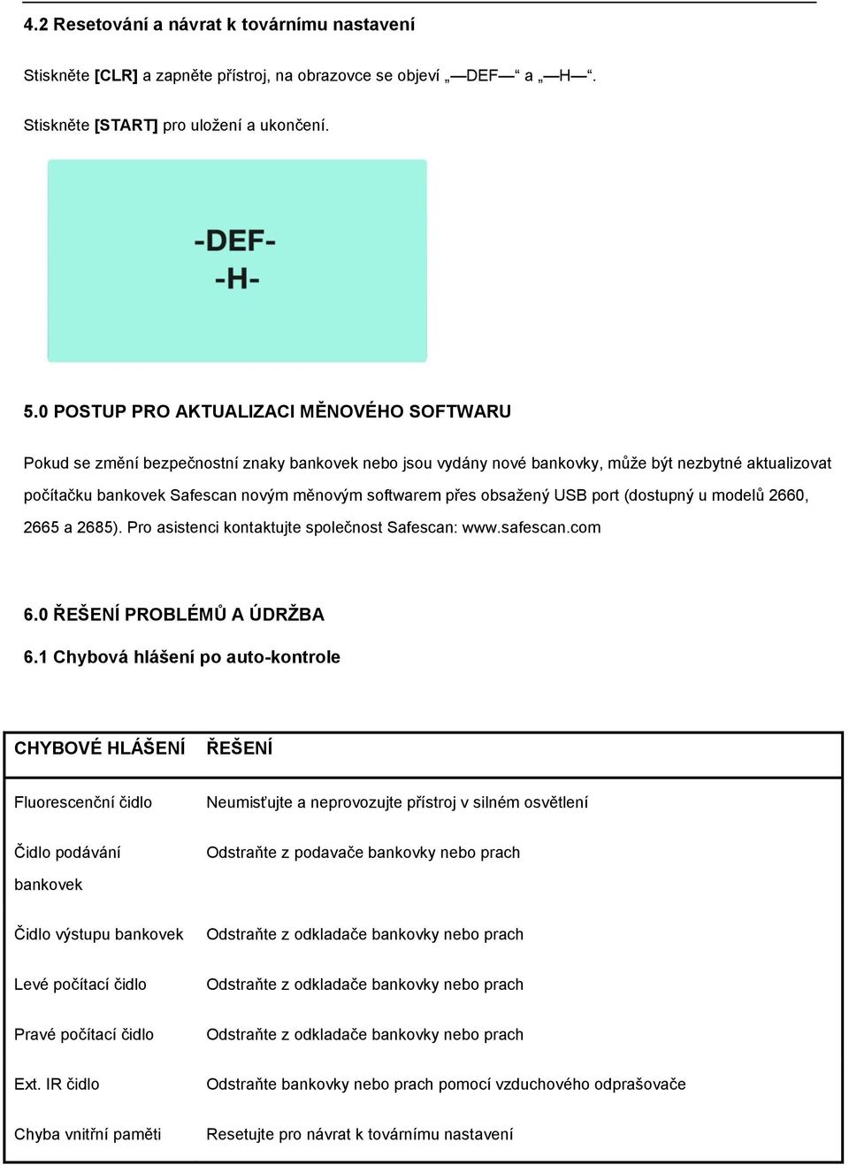 softwarem přes obsažený USB port (dostupný u modelů 2660, 2665 a 2685). Pro asistenci kontaktujte společnost Safescan: www.safescan.com 6.0 ŘEŠENÍ PROBLÉMŮ A ÚDRŽBA 6.