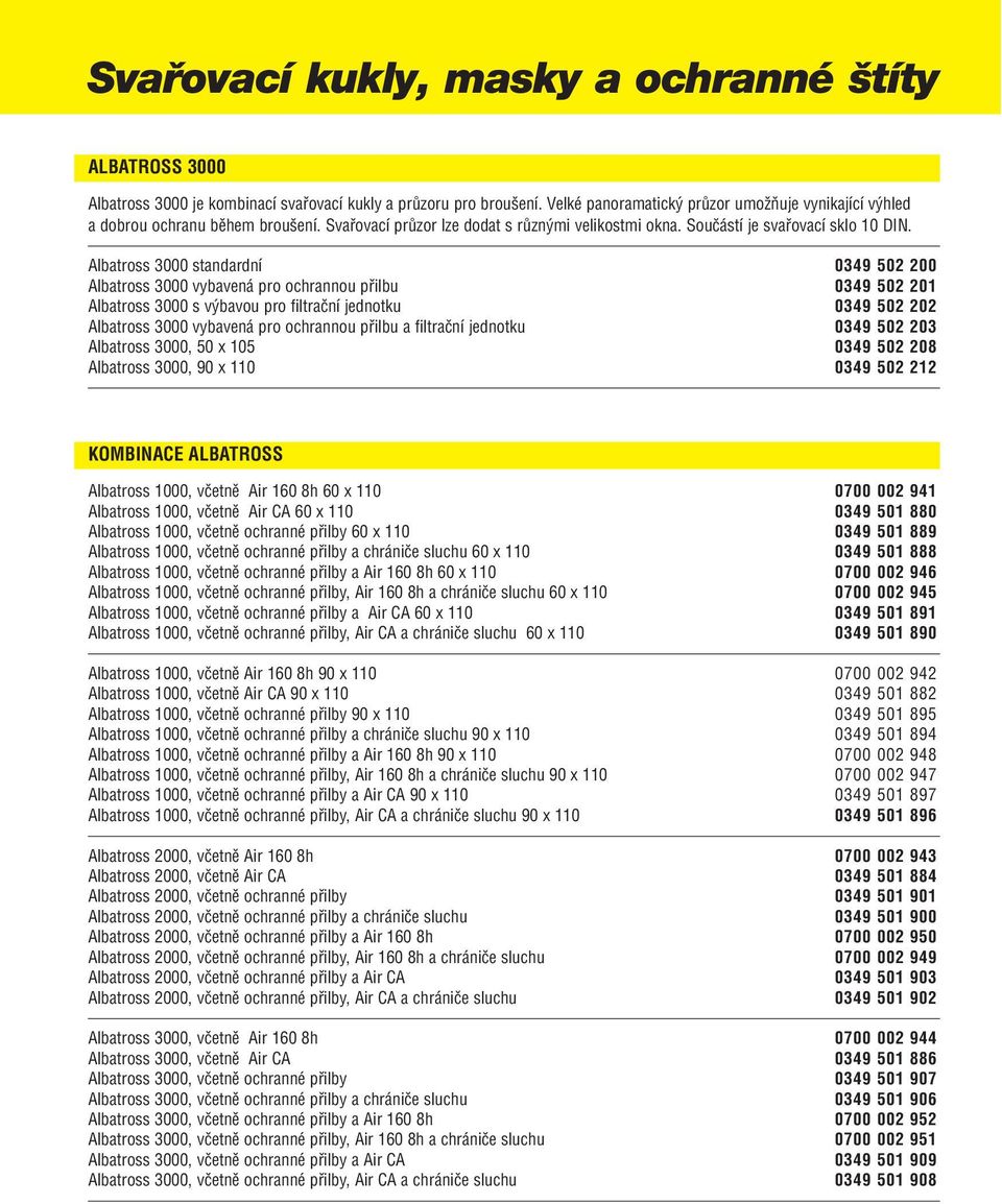 Albatross 3000 standardní 0349 502 200 Albatross 3000 vybavená pro ochrannou přilbu 0349 502 201 Albatross 3000 s výbavou pro filtrační jednotku 0349 502 202 Albatross 3000 vybavená pro ochrannou