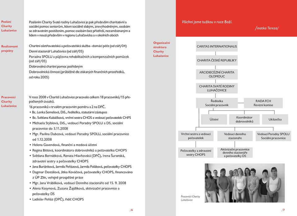 /matka Tereza/ Realizované projekty Charitní ošetřovatelská a pečovatelská služba - domácí péče (od září/04) Denní stacionář Luhačovice (od září/05) Poradna SPOLU a půjčovna rehabilitačních a