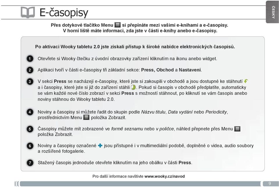 Aplikaci tvoří v části e-časopisy tři základní sekce: Press, Obchod a Nastavení.