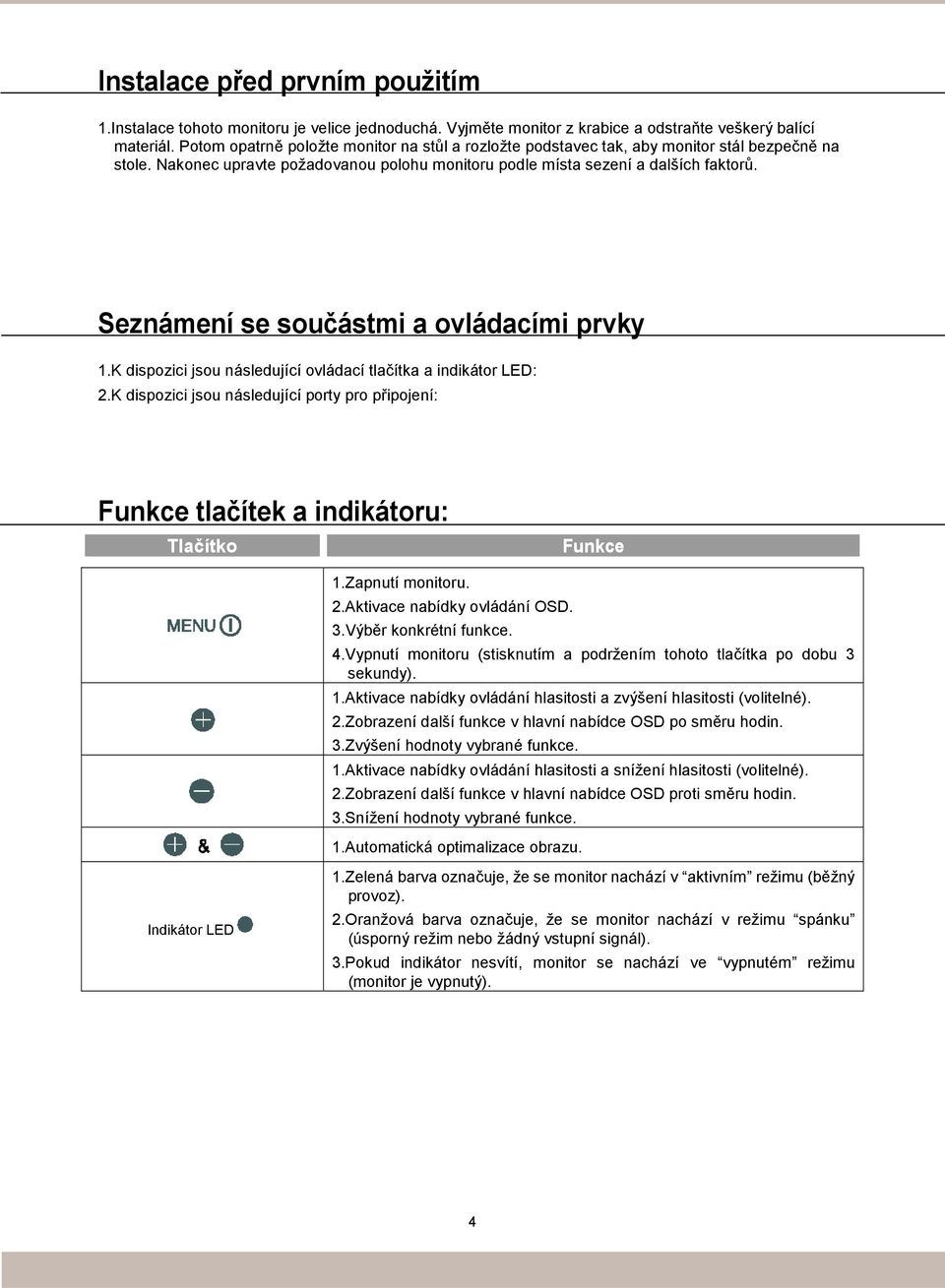 Seznámení se součástmi a ovládacími prvky 1.K dispozici jsou následující ovládací tlačítka a indikátor LED: 2.