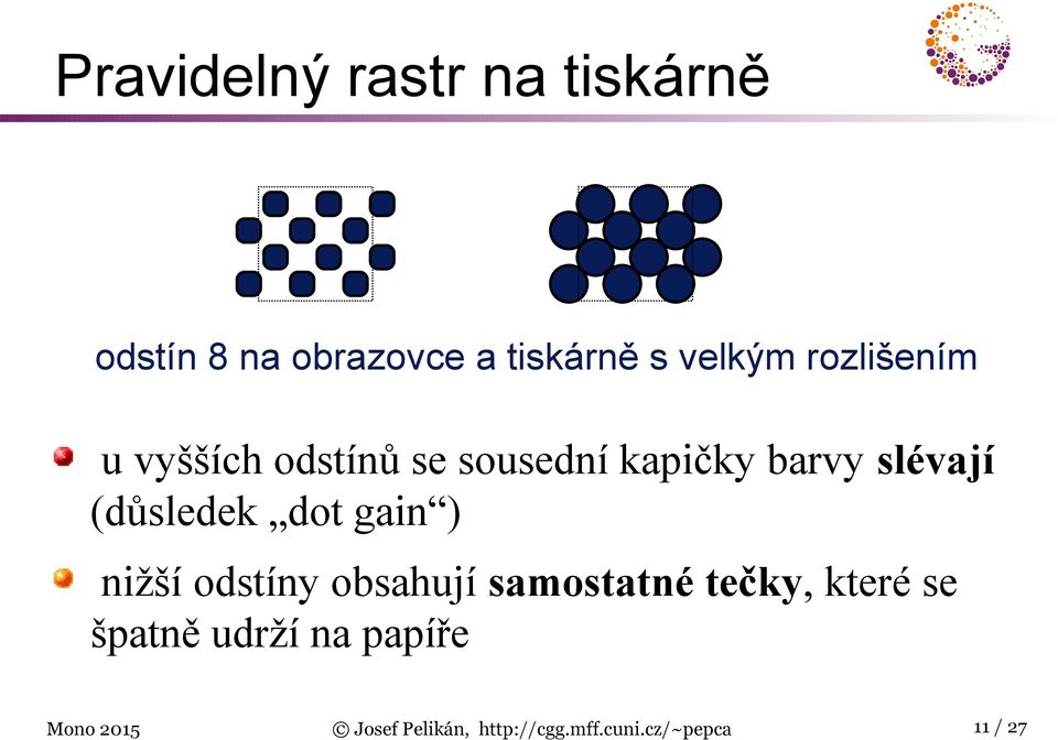 dot gain ) nižší odstíny obsahují samostatné tečky, které se špatně