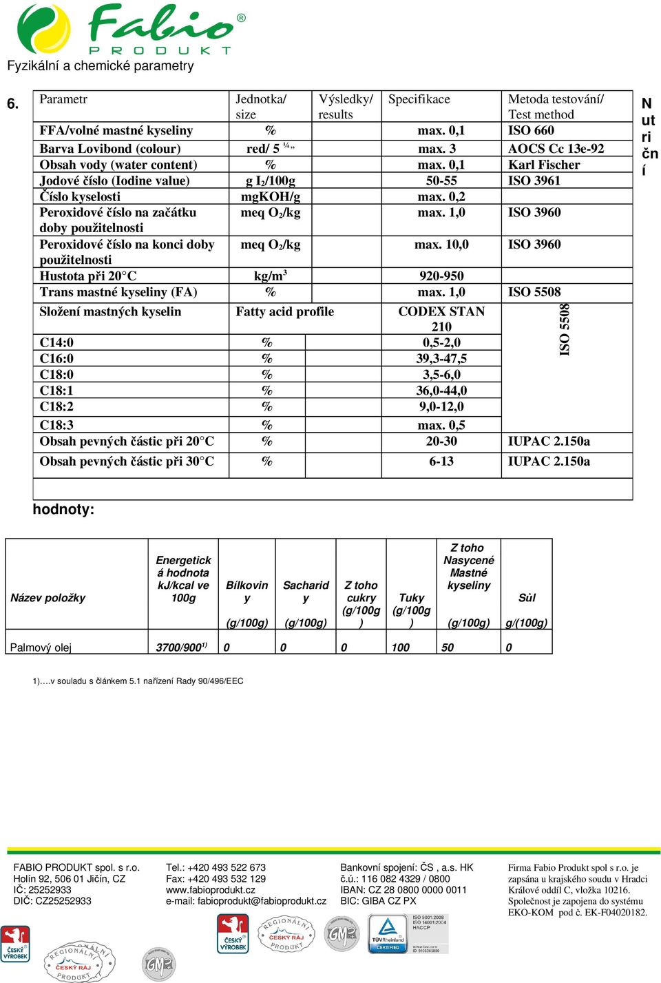 0,1 Karl Fischer í Jodové číslo (Iodine value) g I 2 /100g 50-55 ISO 3961 Číslo kyselosti mgkoh/g max. 0,2 Peroxidové číslo na začátku meq O 2 /kg max.