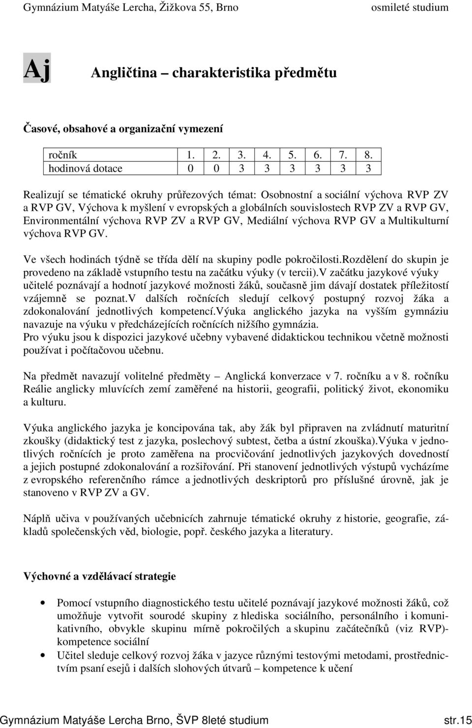 GV, Environmentální výchova RVP ZV a RVP GV, Mediální výchova RVP GV a Multikulturní výchova RVP GV. Ve všech hodinách týdně se třída dělí na skupiny podle pokročilosti.