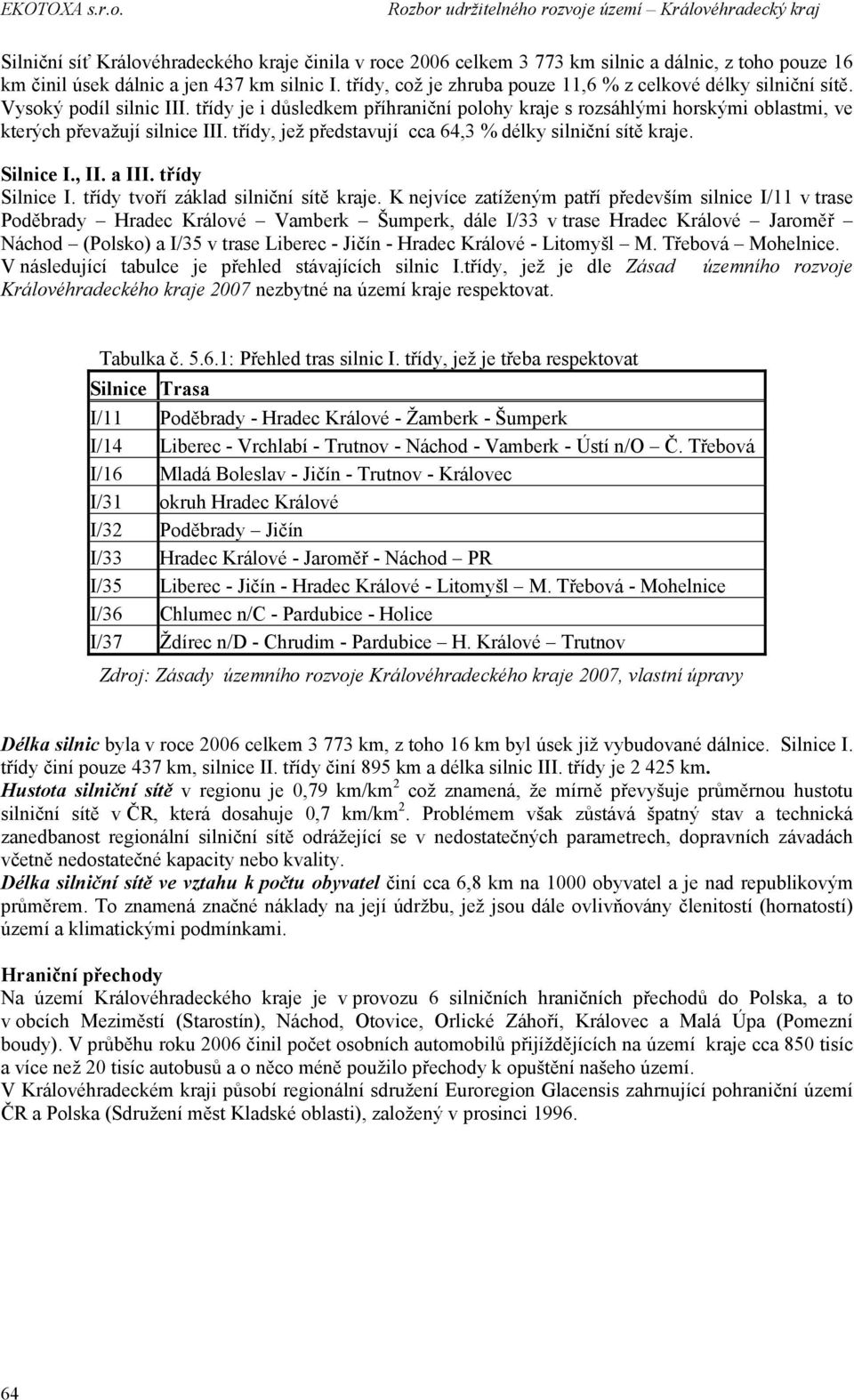 třídy je i důsledkem příhraniční polohy kraje s rozsáhlými horskými oblastmi, ve kterých převažují silnice III. třídy, jež představují cca 64,3 % délky silniční sítě kraje. Silnice I., II. a III.