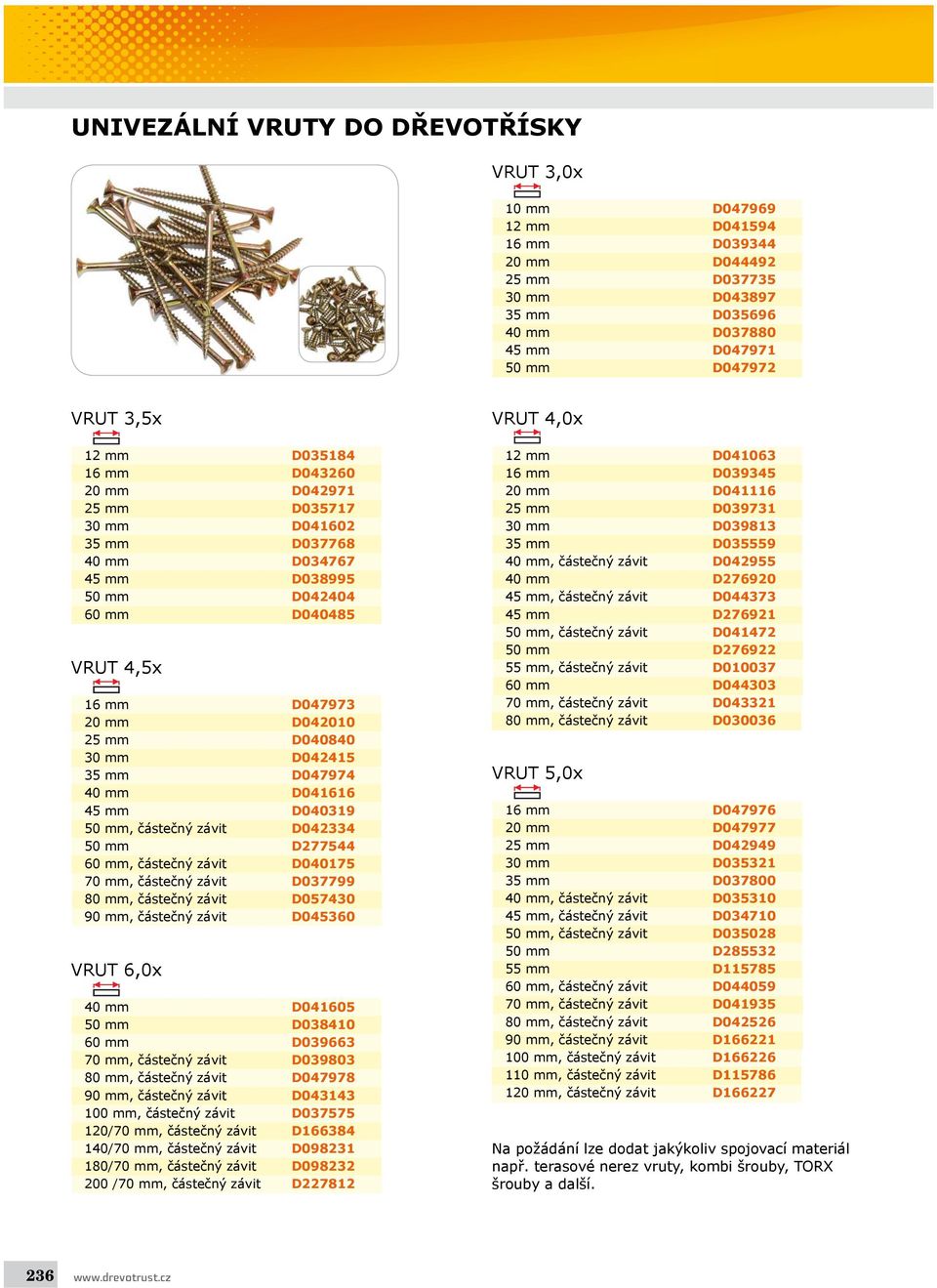 35 mm D047974 40 mm D041616 45 mm D040319 50 mm, částečný závit D042334 50 mm D277544 60 mm, částečný závit D040175 70 mm, částečný závit D037799 80 mm, částečný závit D057430 90 mm, částečný závit