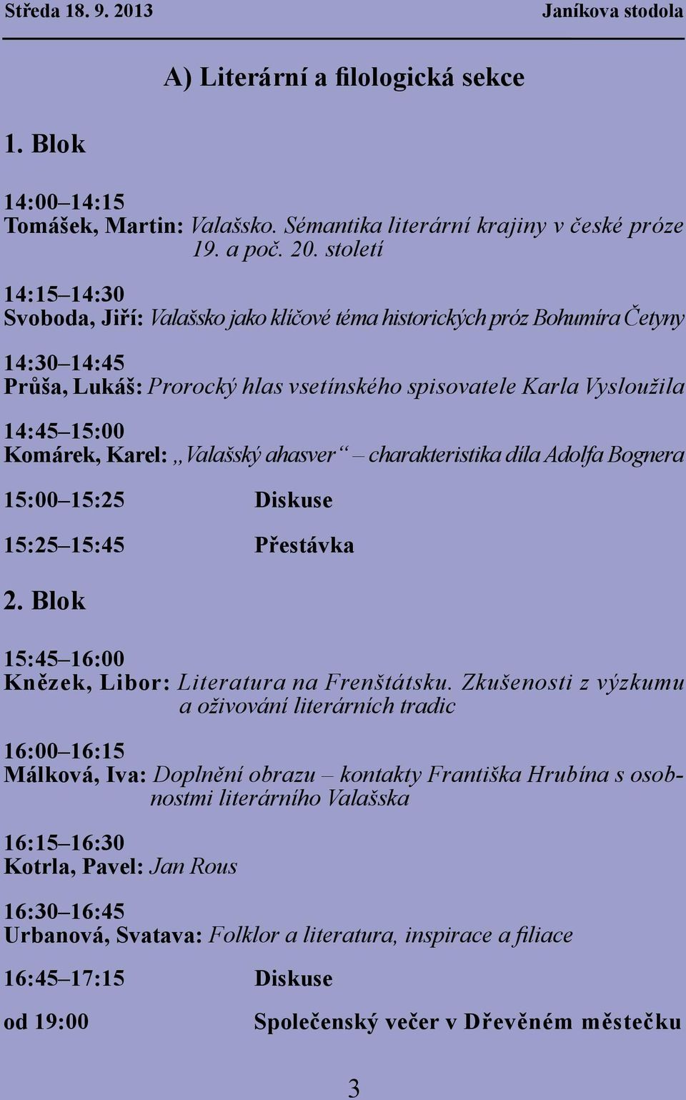 století 14:15 14:30 Svoboda, Jiří: Valašsko jako klíčové téma historických próz Bohumíra Četyny 14:30 14:45 Průša, Lukáš: Prorocký hlas vsetínského spisovatele Karla Vysloužila 14:45 15:00 Komárek,