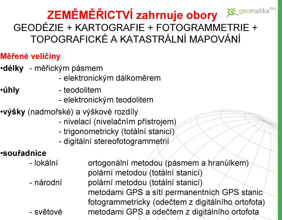 stanicí) - digitální stereofotogrammetrií souřadnice - lokální ortogonální metodou (pásmem a hranůlkem) polární metodou (totální stanicí) - národní polární